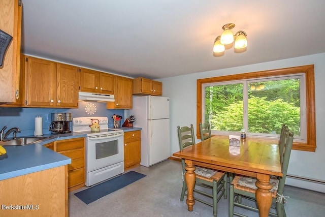 49 Bryant Rd, Otis, MA 01253 - kitchen featuring white appliances, a sink, under cabinet range hood, brown cabinetry, and a baseboard heating unit