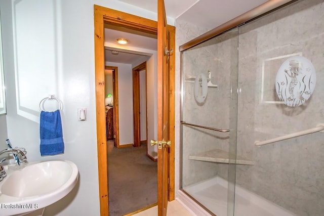 49 Bryant Rd, Otis, MA 01253 - bathroom featuring a sink, a shower stall, and baseboards