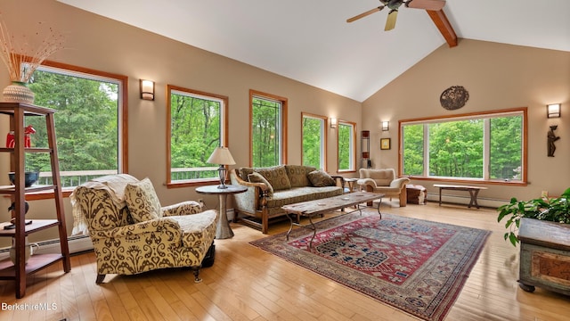 505 Kirchner Rd, Dalton, MA 01226 - living room with beam ceiling, baseboard heating, a ceiling fan, light wood-style floors, and high vaulted ceiling