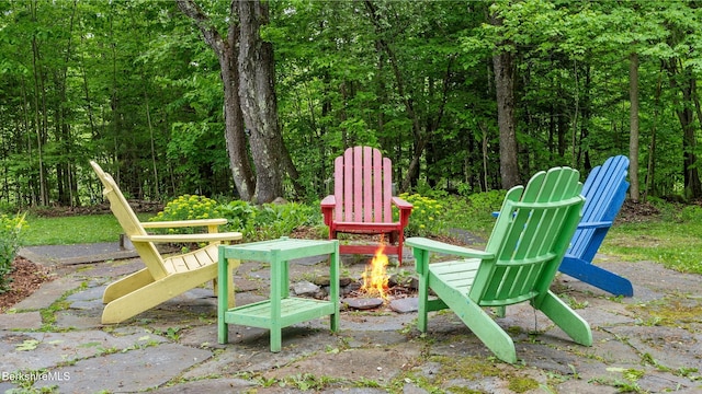 505 Kirchner Rd, Dalton, MA 01226 - view of patio with an outdoor fire pit and a view of trees