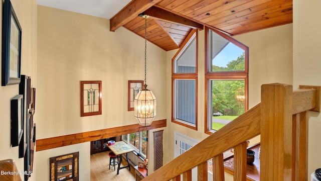 505 Kirchner Rd, Dalton, MA 01226 - detailed view of wood ceiling with exposed beams, a chandelier, and wood finished floors