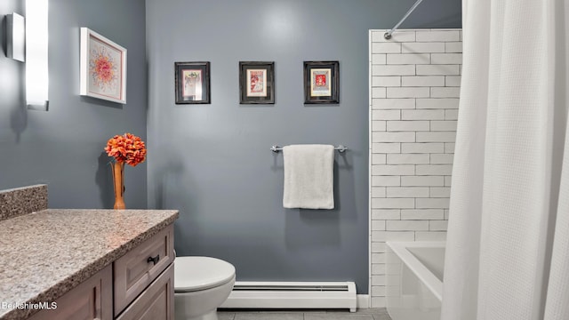 505 Kirchner Rd, Dalton, MA 01226 - full bath with a baseboard heating unit, toilet, vanity, tile patterned floors, and shower / bath combo