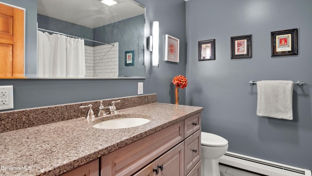 505 Kirchner Rd, Dalton, MA 01226 - bathroom with a baseboard radiator, vanity, toilet, curtained shower, and tile patterned floors