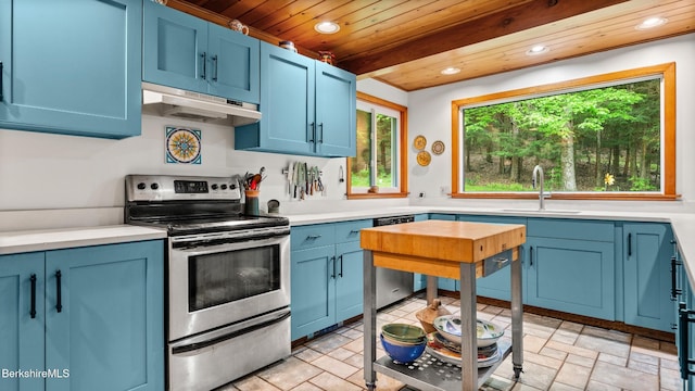 505 Kirchner Rd, Dalton, MA 01226 - kitchen featuring appliances with stainless steel finishes, blue cabinets, a sink, under cabinet range hood, and wooden ceiling