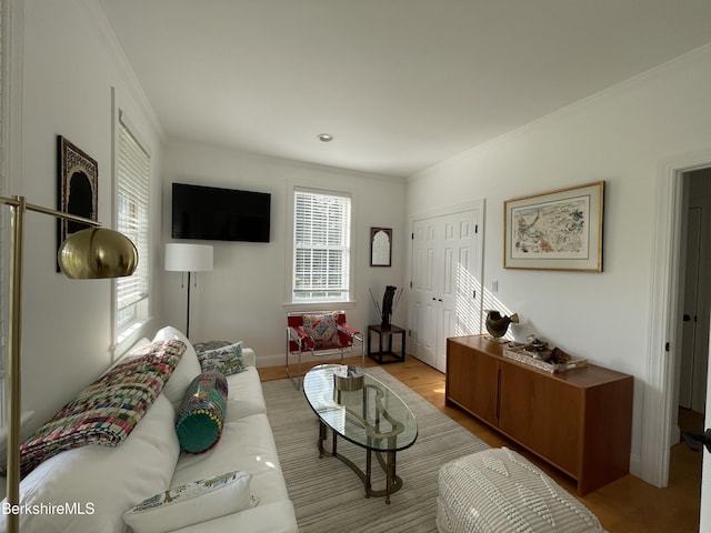 living room featuring light wood-type flooring and ornamental molding