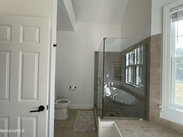 bathroom with tile patterned floors, a healthy amount of sunlight, an enclosed shower, and toilet