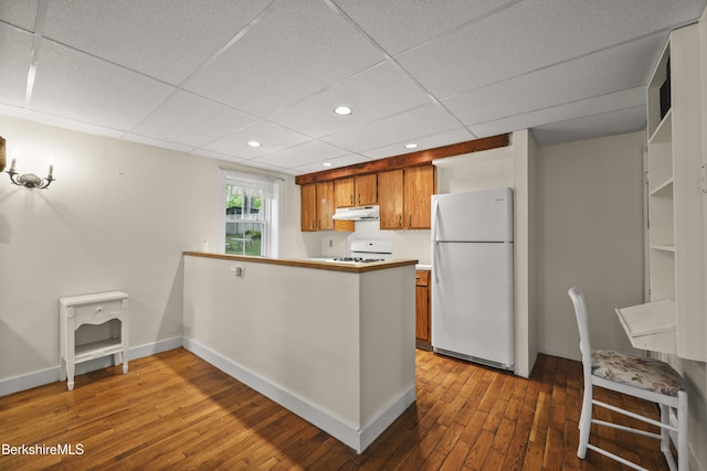 9 High St, Lenox, MA 01240 - kitchen with freestanding refrigerator, stove, under cabinet range hood, brown cabinetry, and wood-type flooring