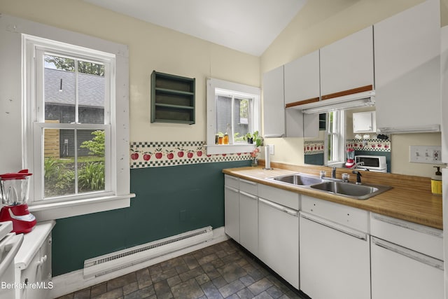 9 High St, Lenox, MA 01240 - kitchen with a baseboard radiator, a sink, white cabinetry, white microwave, and light countertops