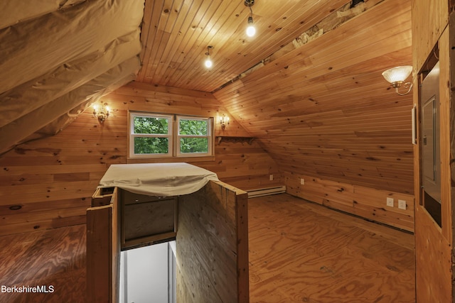 9 High St, Lenox, MA 01240 - additional living space with wooden walls, wood ceiling, lofted ceiling, and baseboard heating