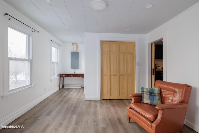 sitting room with electric panel and light hardwood / wood-style floors