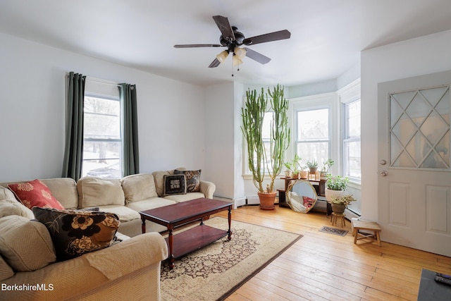 living room featuring ceiling fan and light hardwood / wood-style flooring