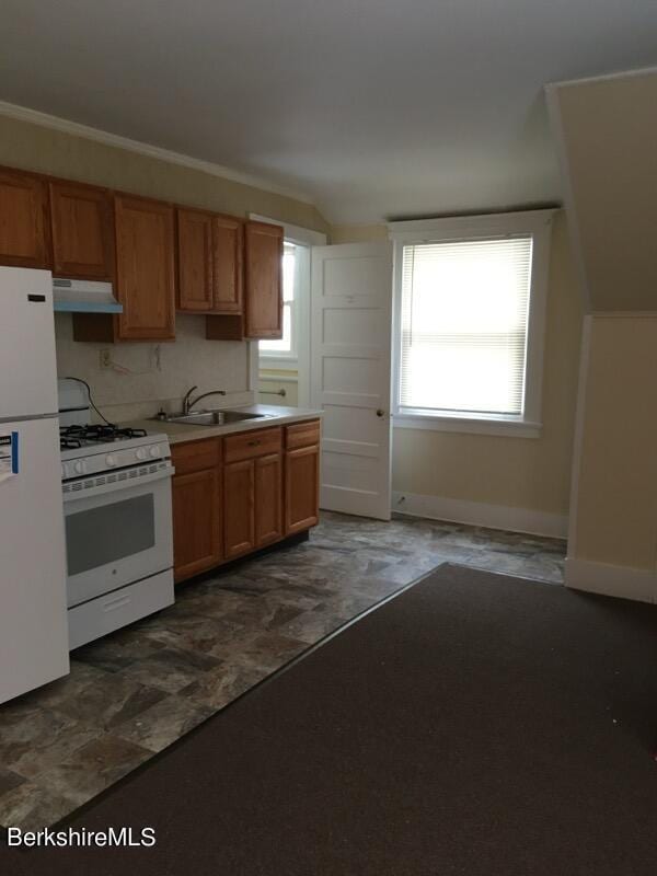 kitchen with crown molding, sink, and white appliances