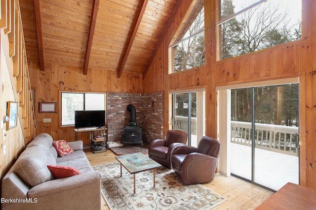 living area featuring a wood stove, wooden walls, and beam ceiling