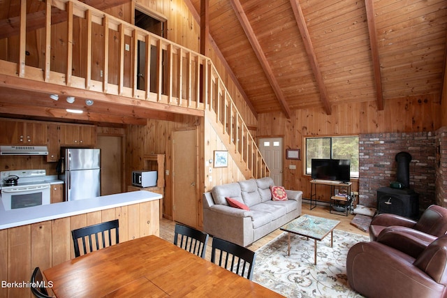 living room featuring wood walls, wood ceiling, stairs, beamed ceiling, and a wood stove