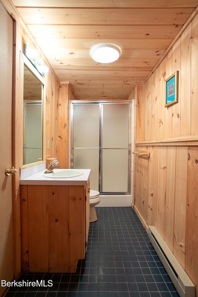 full bath featuring a stall shower, wood ceiling, baseboard heating, vanity, and wood walls