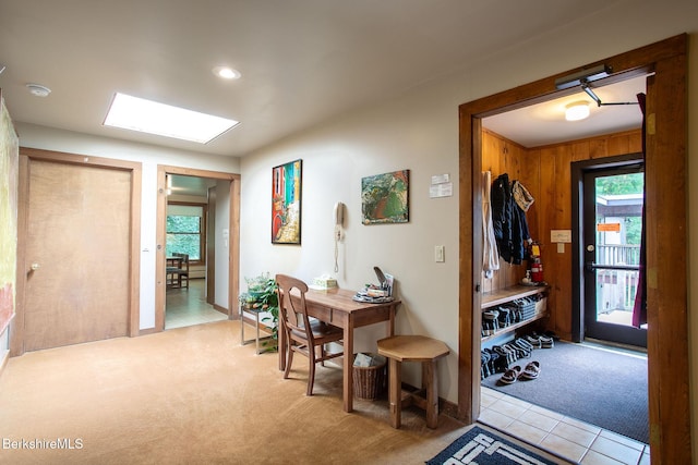2049 S Undermountain Rd, Sheffield, MA 01257 - carpeted foyer featuring healthy amount of natural light, wood walls, and a skylight