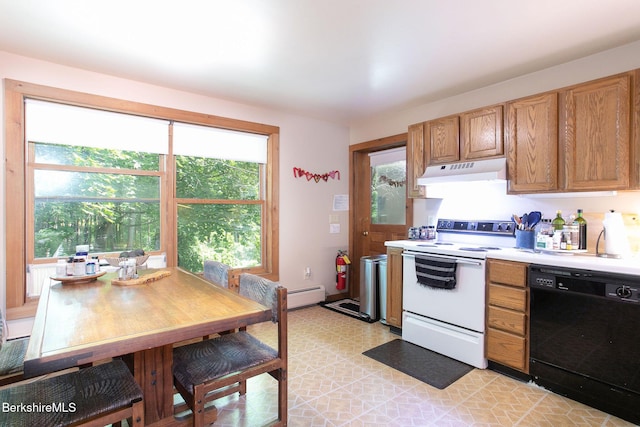 2049 S Undermountain Rd, Sheffield, MA 01257 - kitchen featuring dishwasher, white range with electric cooktop, under cabinet range hood, a baseboard radiator, and plenty of natural light