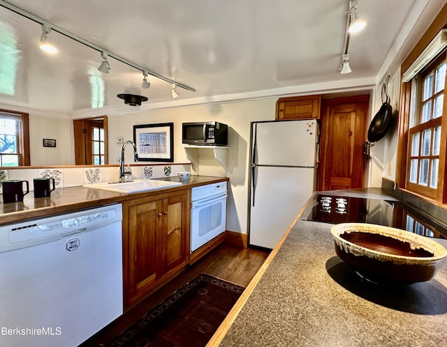 kitchen with dark hardwood / wood-style flooring, white appliances, and sink