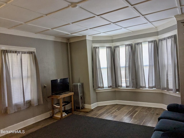 living area with radiator, coffered ceiling, baseboards, and wood finished floors