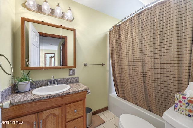 full bathroom featuring shower / bath combination with curtain, vanity, toilet, and tile patterned flooring