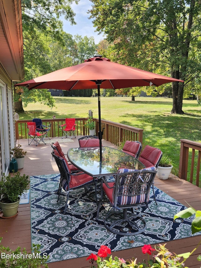 wooden deck with a lawn