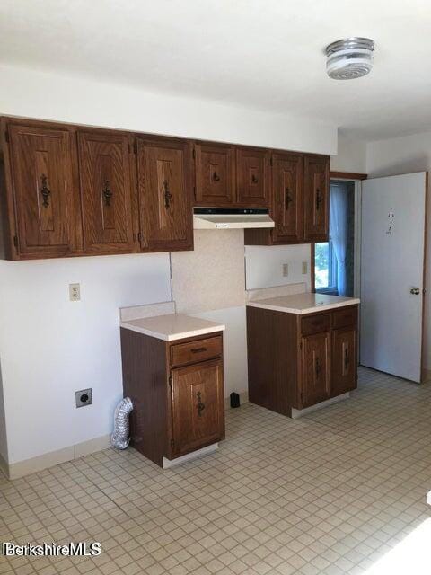 420-436 N Houghton St, Clarksburg, MA 01247 - kitchen featuring under cabinet range hood, light countertops, and dark brown cabinetry