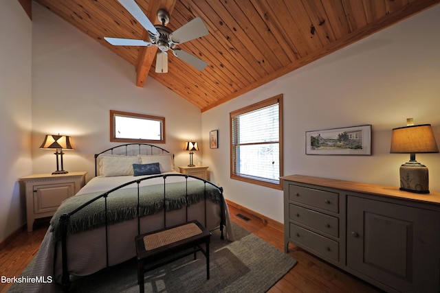 55 Mallard Dr, Becket, MA 01223 - bedroom featuring lofted ceiling, wood ceiling, dark wood-style flooring, and a ceiling fan