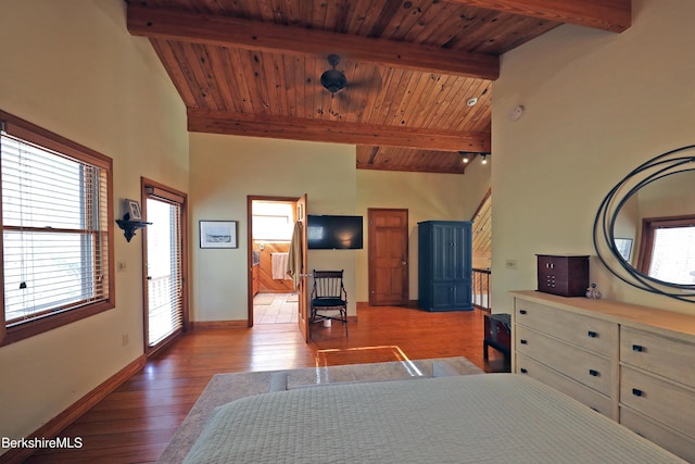 55 Mallard Dr, Becket, MA 01223 - bedroom with a wood ceiling with exposed beams, hardwood / wood-style flooring, and high vaulted ceiling