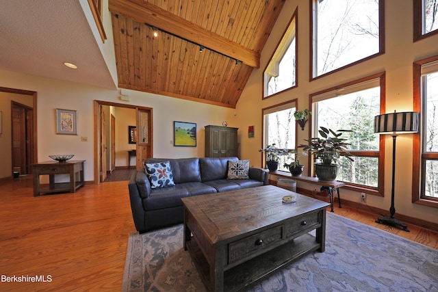 55 Mallard Dr, Becket, MA 01223 - living room with high vaulted ceiling, wood finished floors, and beam ceiling