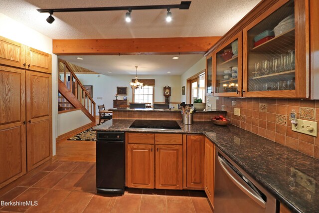 55 Mallard Dr, Becket, MA 01223 - kitchen with stainless steel dishwasher, rail lighting, a peninsula, black electric stovetop, and a chandelier