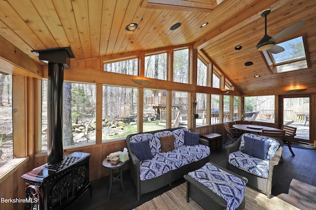 55 Mallard Dr, Becket, MA 01223 - sunroom featuring a skylight, outdoor lounge area, hardwood / wood-style flooring, a wooden ceiling with exposed beams, and high vaulted ceiling