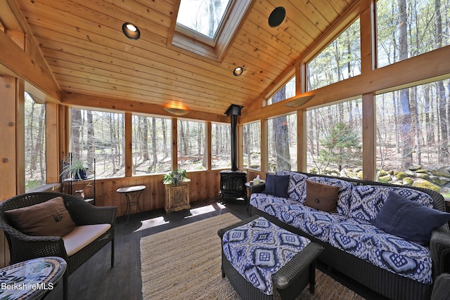 55 Mallard Dr, Becket, MA 01223 - sunroom featuring outdoor lounge area, a skylight, plenty of natural light, hardwood / wood-style flooring, and wooden ceiling