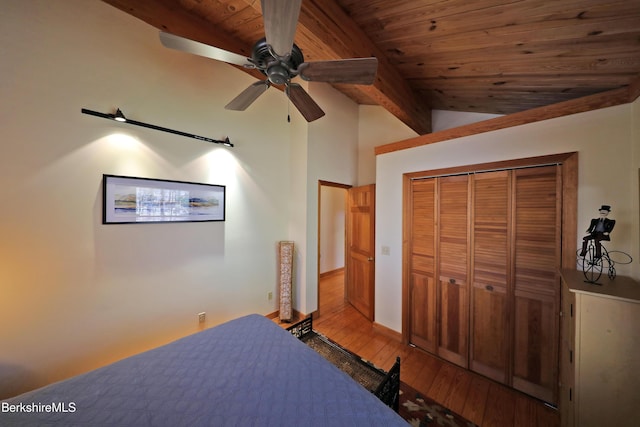 55 Mallard Dr, Becket, MA 01223 - bedroom with hardwood / wood-style floors, wooden ceiling, a closet, and ceiling fan