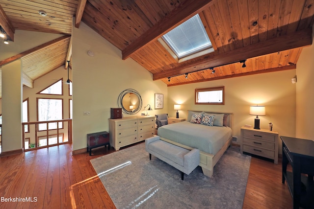 55 Mallard Dr, Becket, MA 01223 - bedroom featuring a skylight, hardwood / wood-style flooring, and wood ceiling