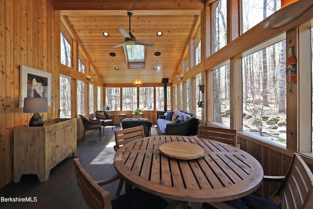 55 Mallard Dr, Becket, MA 01223 - sunroom / solarium with plenty of natural light, wood ceiling, high vaulted ceiling, a skylight, and wooden walls