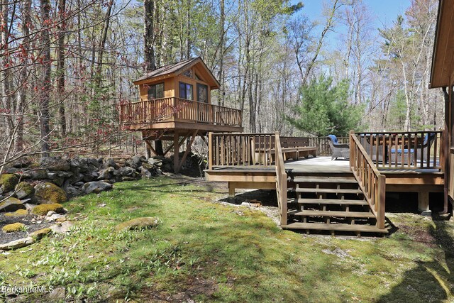 55 Mallard Dr, Becket, MA 01223 - view of grassy yard with a deck and stairway