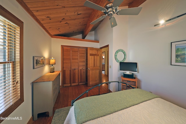 55 Mallard Dr, Becket, MA 01223 - bedroom featuring wood finished floors, wooden ceiling, a closet, and a ceiling fan