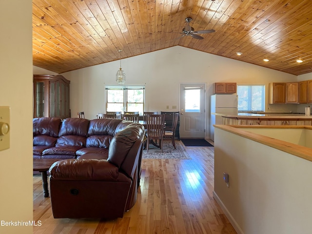 living room featuring ceiling fan, lofted ceiling, wood ceiling, and light hardwood / wood-style flooring