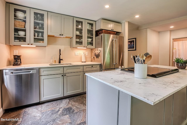 132 Sandisfield Rd, Sandisfield, MA 01255 - kitchen with stainless steel appliances, gray cabinets, recessed lighting, stone finish floors, and light stone counters