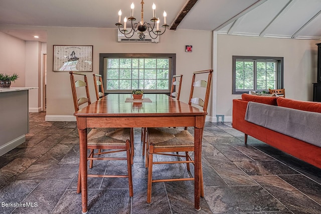 132 Sandisfield Rd, Sandisfield, MA 01255 - dining area featuring stone tile floors, a chandelier, recessed lighting, and beam ceiling