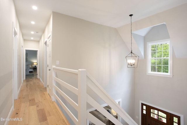 60 Parsley Ln, Sheffield, MA 01257 - hallway featuring a chandelier, an upstairs landing, light wood-type flooring, recessed lighting, and vaulted ceiling
