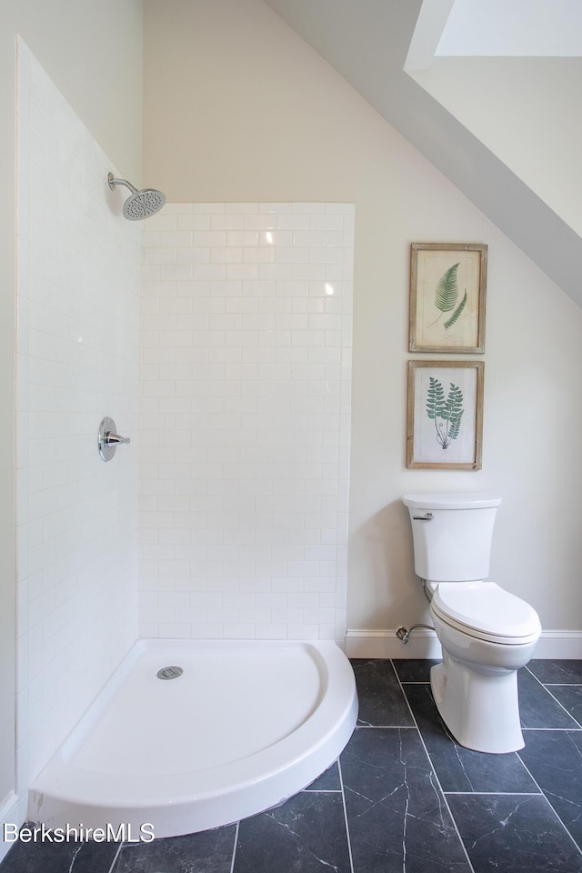 60 Parsley Ln, Sheffield, MA 01257 - bathroom with toilet, baseboards, lofted ceiling, and a tile shower