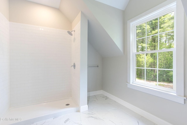 60 Parsley Ln, Sheffield, MA 01257 - full bath featuring a tile shower, marble finish flooring, lofted ceiling, and baseboards
