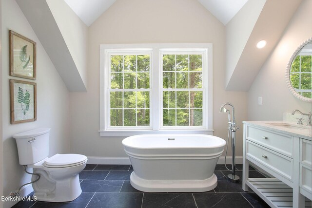 60 Parsley Ln, Sheffield, MA 01257 - bathroom featuring lofted ceiling, vanity, a freestanding tub, baseboards, and toilet