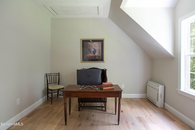60 Parsley Ln, Sheffield, MA 01257 - office area featuring attic access, light wood-type flooring, plenty of natural light, heating unit, and lofted ceiling
