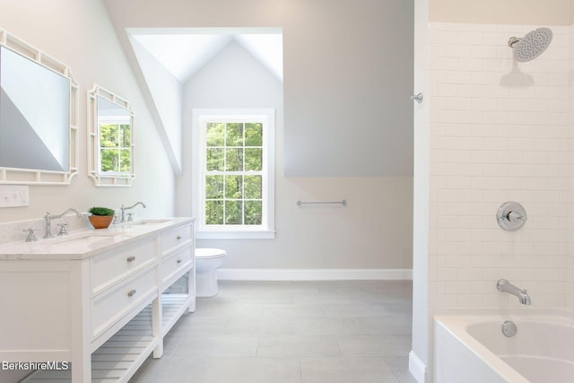 60 Parsley Ln, Sheffield, MA 01257 - full bathroom featuring lofted ceiling, baseboards, toilet, double vanity, and shower / bathtub combination