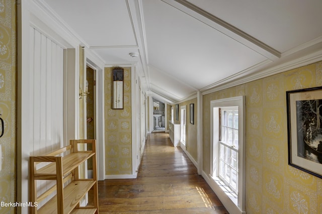 hall with dark hardwood / wood-style flooring and ornamental molding