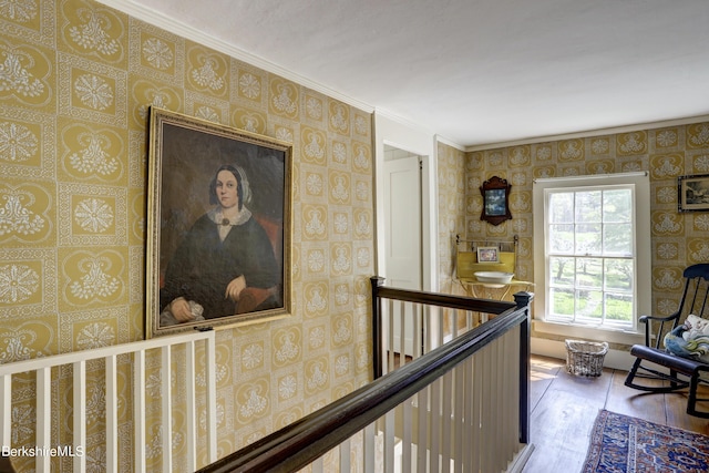 corridor featuring hardwood / wood-style flooring and ornamental molding