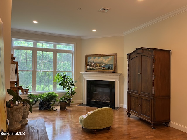 4 Evergreen Trl Unit 4, Lenox, MA 01240 - living area featuring wood finished floors, ornamental molding, a fireplace with flush hearth, and recessed lighting