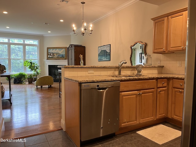 4 Evergreen Trl Unit 4, Lenox, MA 01240 - kitchen with dishwasher, crown molding, a peninsula, light stone counters, and a chandelier